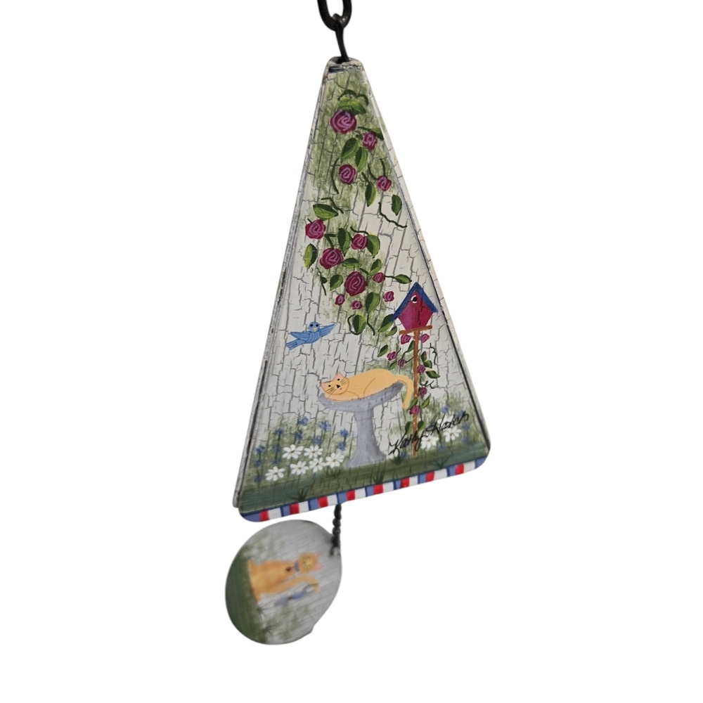 NWT Kathy Hatch Garden Cat Collection Wind Chime Garden Art Bell Hand Painted